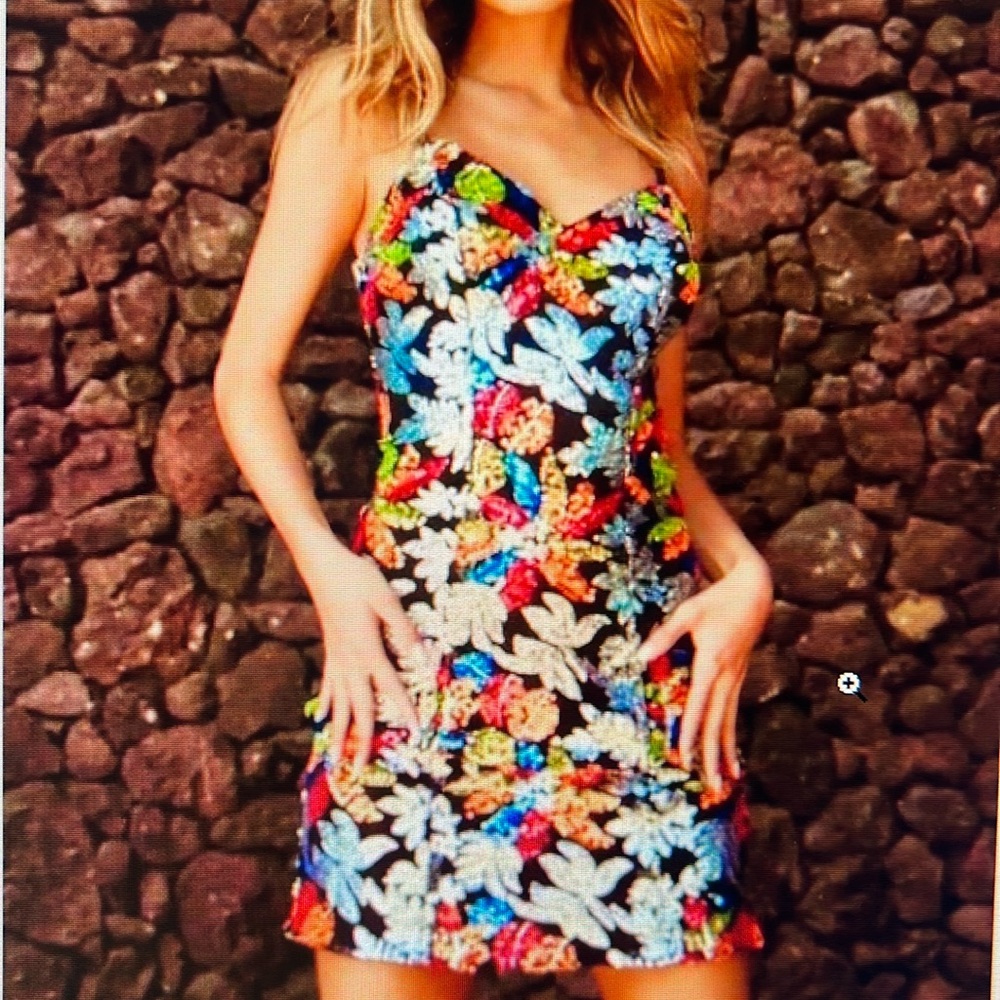 Mac Duggal Floral Sequin Beadwork Spaghetti Strap Mini Dress (26867)